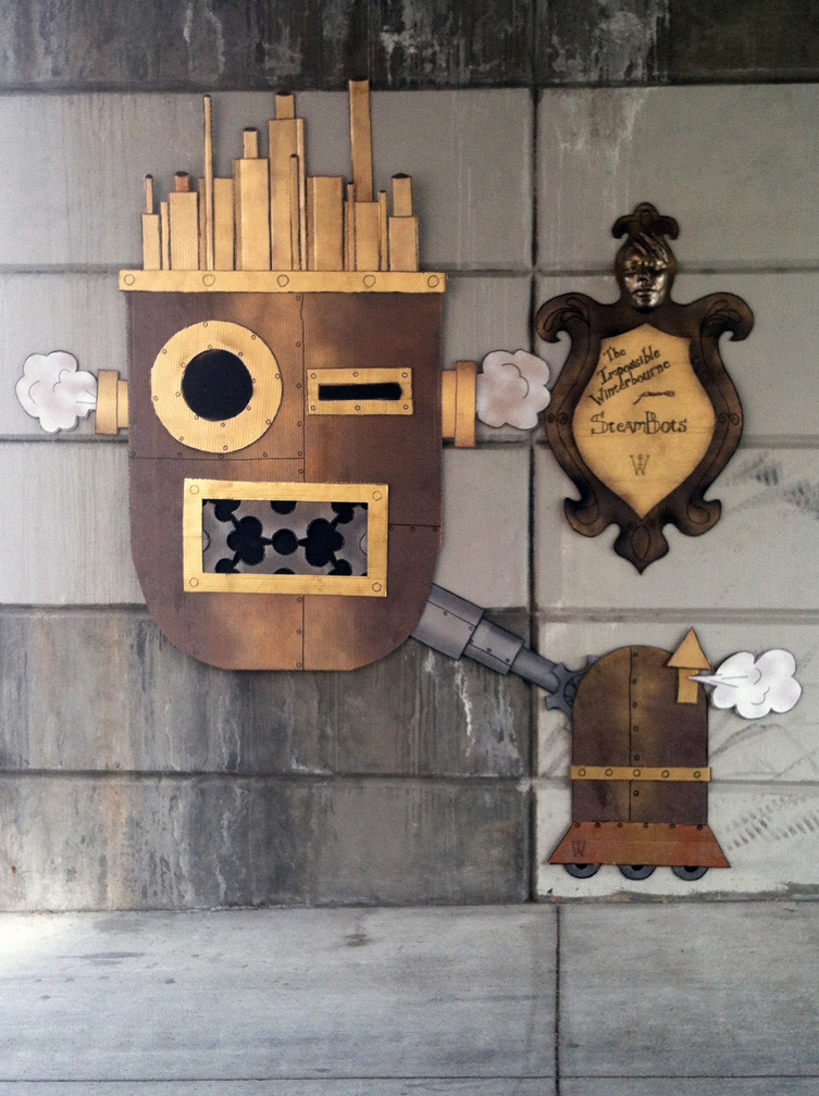 Steampunk robot face public art in Downtown Denver